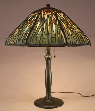 Handel Cattail Slag Glass Painted Overlay Panel Lamp photo