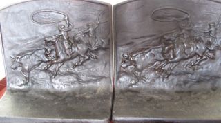 Antique Cast Iron Art Sculptured Western Cattle Drive Themed Bookends Signed photo