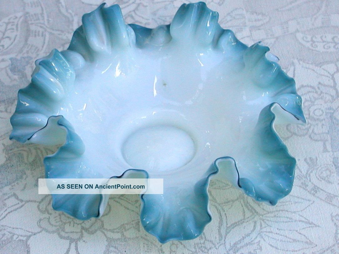 Antique Glass Victorian Blue Ruffled Bridal Basket Fluted Bowl Bowls photo