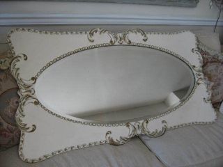 Exquisite Large Old French Mirror Barbola Gesso Details Oval Mirror White & Gold photo