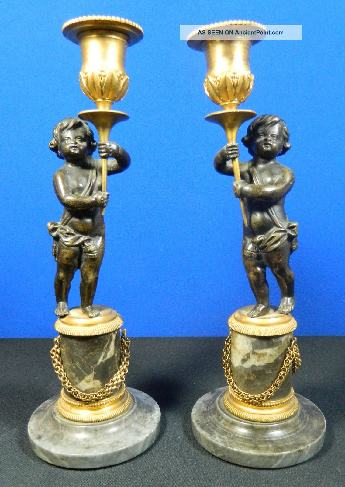 Antique Pair Of French Cherub Candleholders Bronze Marble Empire Style Putti Metalware photo