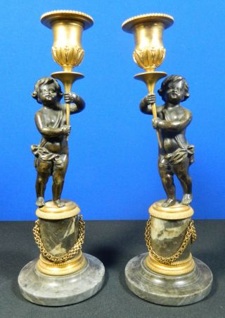 Antique Pair Of French Cherub Candleholders Bronze Marble Empire Style Putti photo