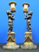 Antique Pair Of French Cherub Candleholders Bronze Marble Empire Style Putti Metalware photo 2