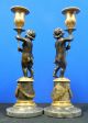 Antique Pair Of French Cherub Candleholders Bronze Marble Empire Style Putti Metalware photo 4