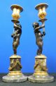 Antique Pair Of French Cherub Candleholders Bronze Marble Empire Style Putti Metalware photo 5