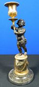 Antique Pair Of French Cherub Candleholders Bronze Marble Empire Style Putti Metalware photo 6