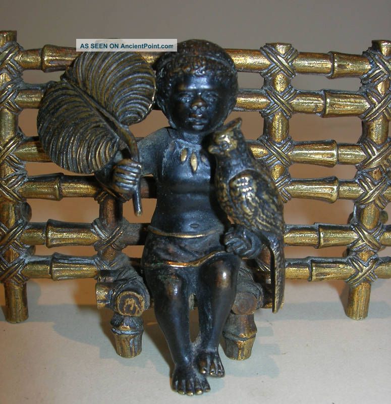 Antique Blackamoor Bronze Of Boy With Parrot C.  1880 Metalware photo