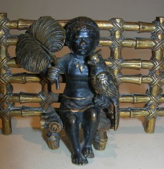 Antique Blackamoor Bronze Of Boy With Parrot C.  1880 photo