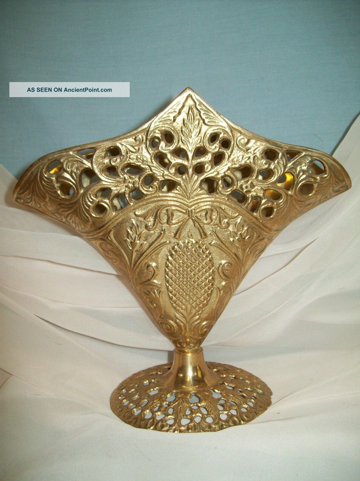 Antique Solid Brass Fan Vase,  Filigree,  Victorian Style Metalware photo