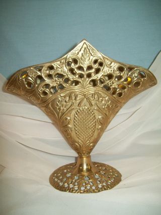 Antique Solid Brass Fan Vase,  Filigree,  Victorian Style photo