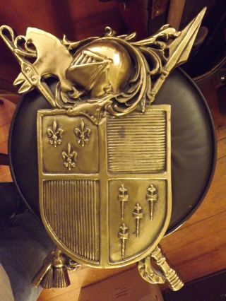 Vintage Large 5lb Brass Metal Coat Of Arms Swords Shield Knight Helmet photo