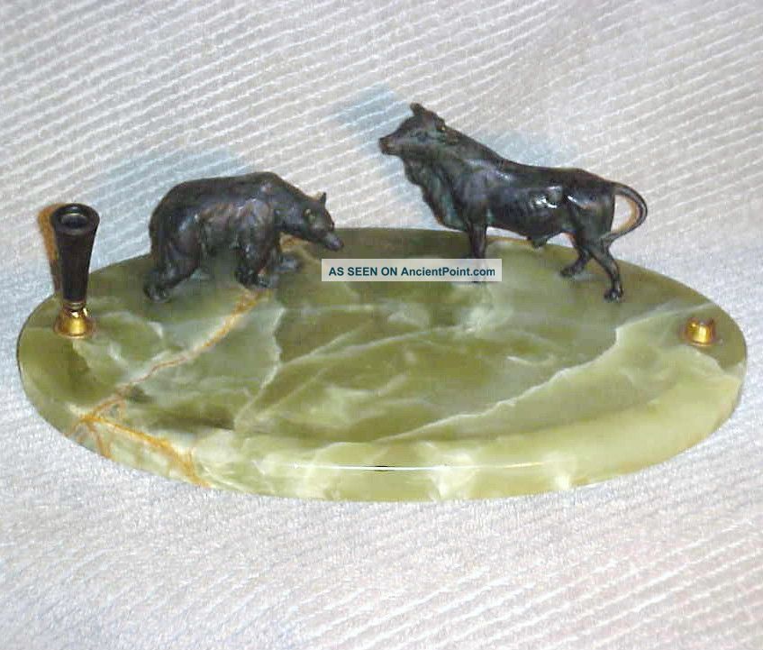 Fine & Exquisite Antique Austrian Bronze Bull & Bear Pen Holder Stock Broker Metalware photo