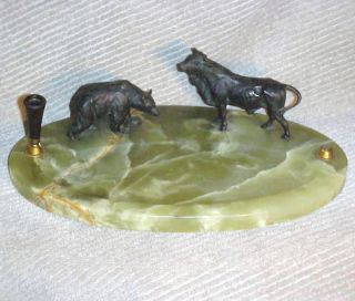 Fine & Exquisite Antique Austrian Bronze Bull & Bear Pen Holder Stock Broker photo