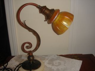 Antique Art & Craft Copper - Bronze Table Lamp With Steuben Shade photo