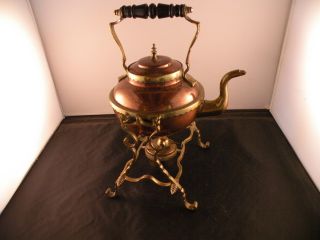 Antique Copper & Brass Ornate Kettle W Burner Base,  Unusual Stand,  Hand Made photo