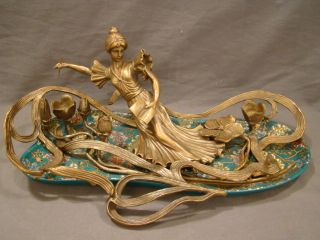 Antique Art Nouveau Figural Lady Brass Statue Old Porcelain Dish Pedestal Tray photo