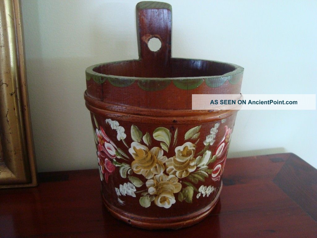 Vintage Handpainted Wooden Bucket Floral Design - Can Use Standing Or Hanging Other photo