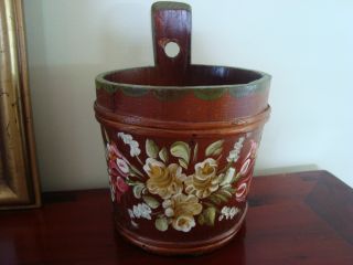 Vintage Handpainted Wooden Bucket Floral Design - Can Use Standing Or Hanging photo