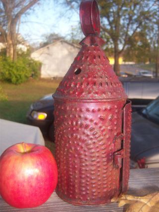 Old Toleware Tole Punched Tin Lantern Aafa Folk Art Paint Candle Early Primitive photo