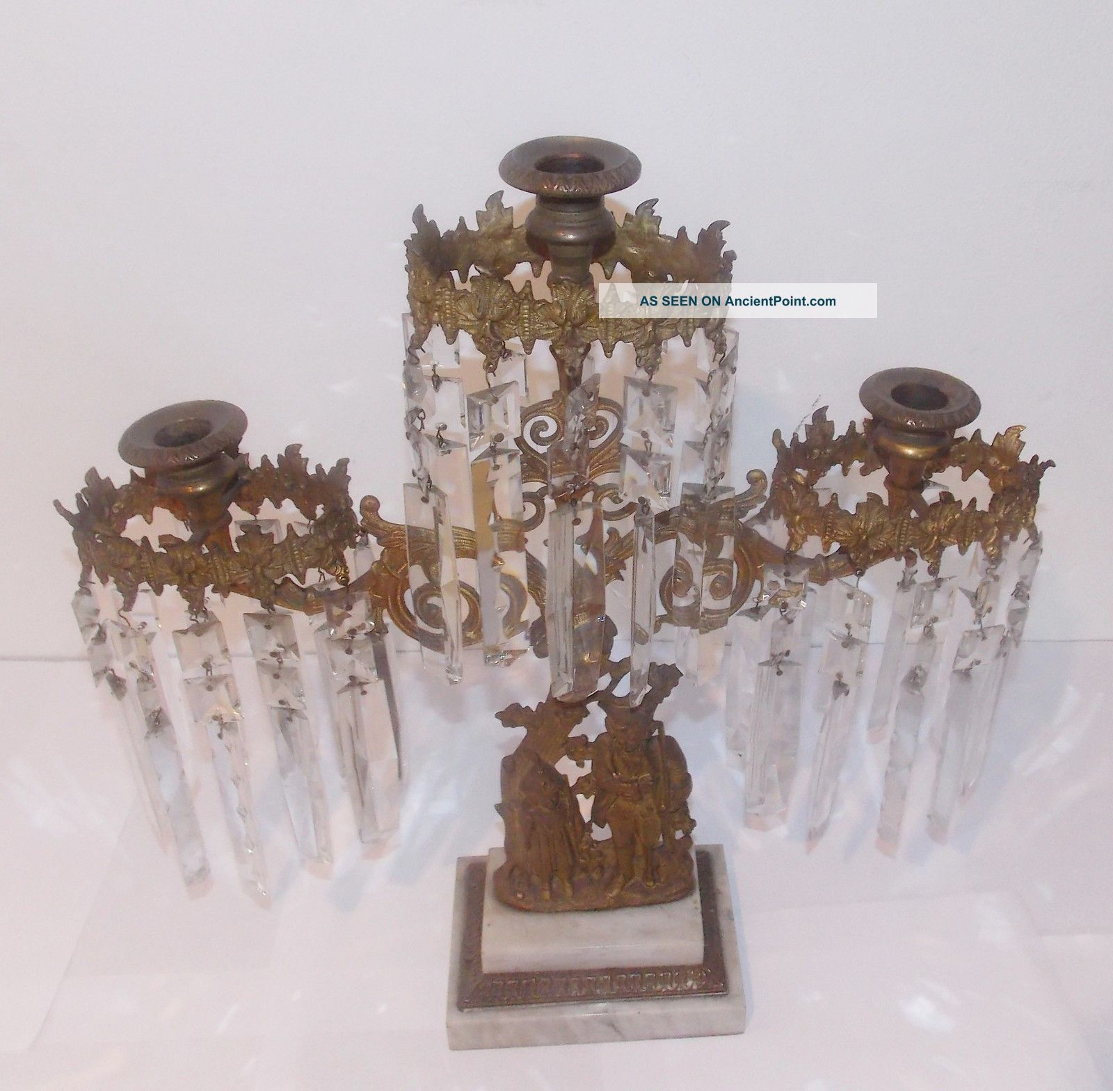 Antique Girandole Centerpiece Gilted Bronze Crystal Prisms Figural Candelabra Metalware photo