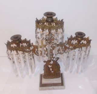 Antique Girandole Centerpiece Gilted Bronze Crystal Prisms Figural Candelabra photo