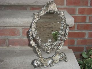 Vintage Ornate Victorian Cherub Angels Seashell Dresser Vanity Mirror photo