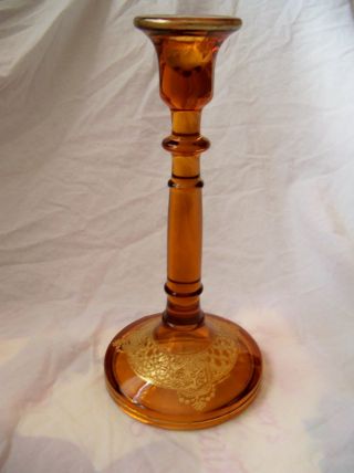 Vintage Amber Candlestick Holder 6+tall With Lace Etching Gold Filled photo