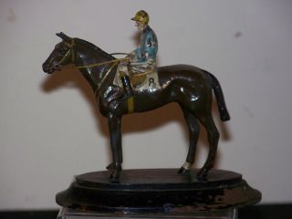 Antique Austrian Bronze Cold Painted Horse And Jockey W/wood Base photo