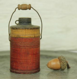 Small Antique 19th C Treen Container Wood Box Early Red Paint Drop Handle Aafa photo