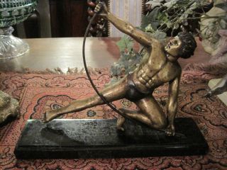 Quality Vintage Art Deco Marble & Bronze Sculpture Of Man Bending Rod Of Metal photo