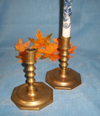 Antique Brass Candlesticks Near Pair Solid Stems 17thc 18th C Candle Holders photo