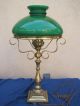 Early 1900 ' S Antique Brass Metal Lamp With Green Cased Glass 10 