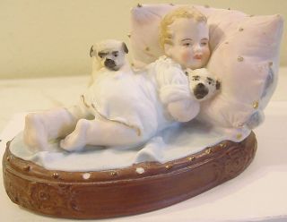 Victorian Bisque Piano Baby Fairing Baby Pillow Pug Dogs Puppies Germany C 1880 photo