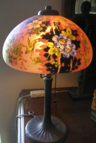 Handel Boudoir Lamp With Bronze Base Reverse Painted Shade - Double Signed photo