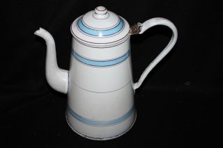 Antique French Enamelware White Coffee Pot With Blue And Red Lines Enamel 1910 ' S photo