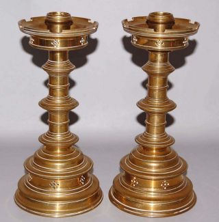 Pair 19th C Antique English Gothic Revival Brass Candlesticks W Registry Marks photo