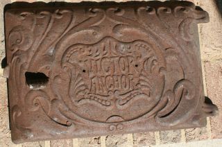 Vintage Cast Iron Stove Cover Door Victor Anchor Ornate Antique Estate Old photo