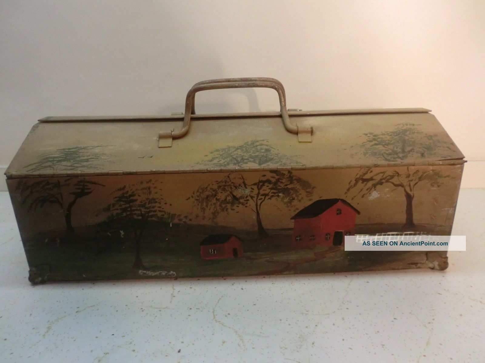 Antique Vintage Tole Painted Metal Toolbox Metalware photo