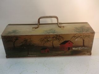 Antique Vintage Tole Painted Metal Toolbox photo