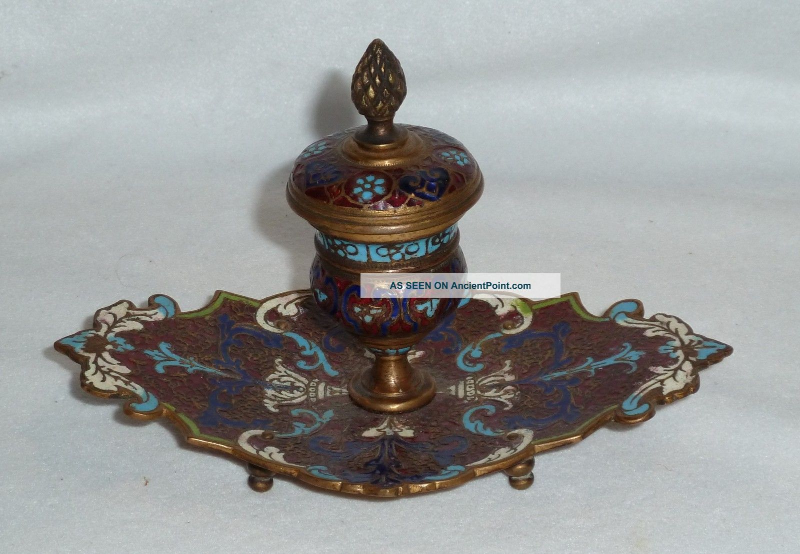 French Champleve Inkwell,  Red Enamel,  Sgn ' D Fc Paris - Nrsv Metalware photo