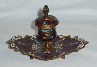 French Champleve Inkwell,  Red Enamel,  Sgn ' D Fc Paris - Nrsv photo