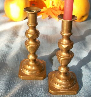 Antique Brass Candlesticks Pair Beehive Style Candle Holders 18th C photo