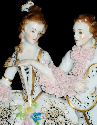 Antique German Dresden Lace Volkstedt Courting Couple Porcelain Figurine photo
