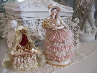 Stunning Antique Vintage German Dresden Lady Figurine With Bonus Decor photo