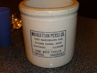 Manhattan Pickle Company Advertising Crock Chicago Illinois Rare Stoneware 1 Gal photo
