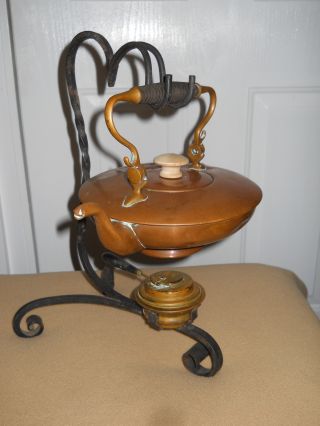Antique Copper Hanging Tea Kettle With Wrought Iron Stand And Burner photo