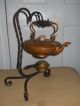 Antique Copper Hanging Tea Kettle With Wrought Iron Stand And Burner Metalware photo 3