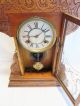 Antique Turn Of Century Wood Wooden Vtg Mantel Table Clock + Key Clocks photo 3