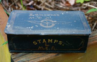Antique 19th Century Toleware Tin Stamp Box Winged Motorcycle Wheel Logo photo