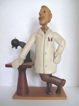 Vintage Wood Scientist With A Microscope Statue Sculpture Italy photo